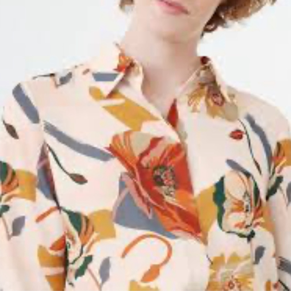 CLEO Floral Print Women's Top relaxed fit crepe blouse button up cream brown XL - Picture 7 of 14